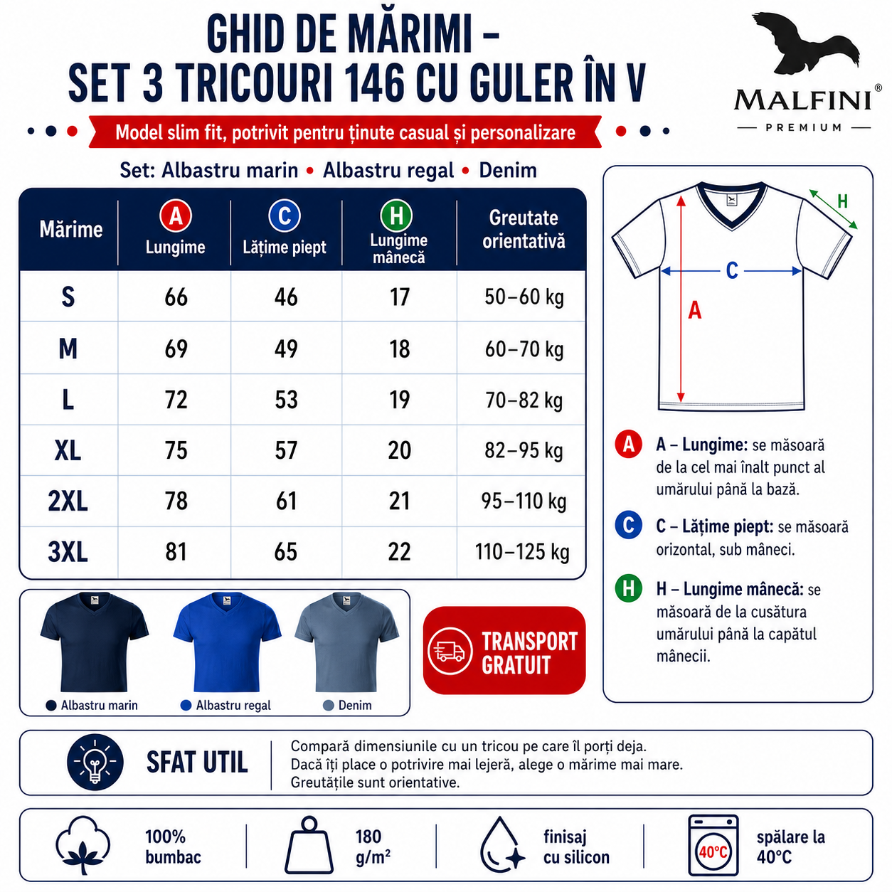 Ghid de mărimi set 3 tricouri bărbați Malfini Slim Fit V Neck 146 S M L XL 2XL 3XL